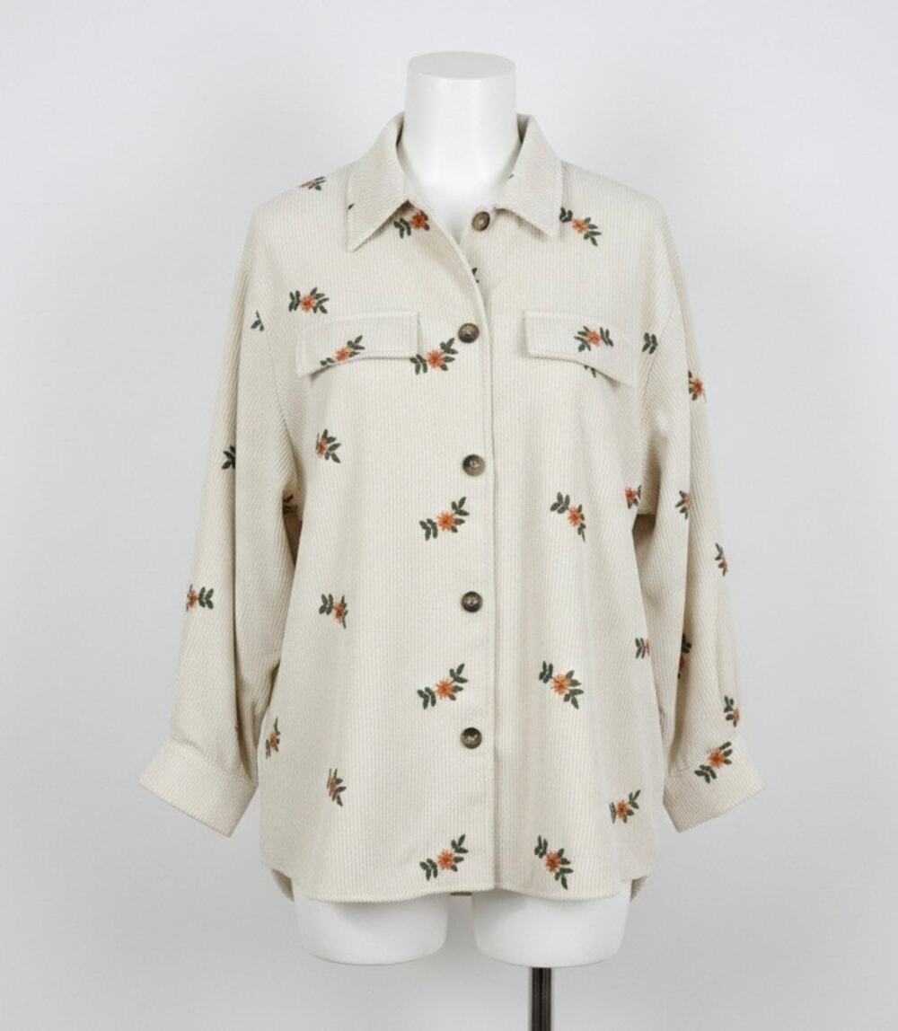 J. NNA Button Down Embroidered Flowers Corduroy Shirt Large Oversized Slouchy